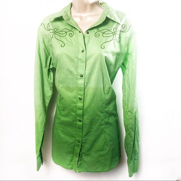 Green Ombré Western Snap Front Shirt Sz L - Picture 3 of 13